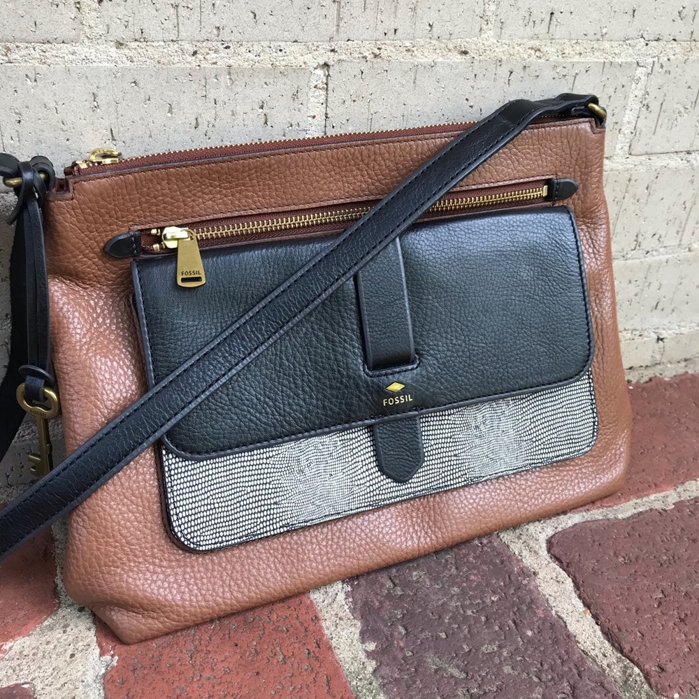 Fossil brown colorblock leather shoulder satchel - Picture 3 of 8